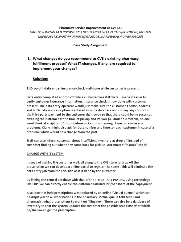 develop a recommended improvement to the cvs pharmacy prescription fulfillment process pharmacy service improvement at cvs (a) pdf